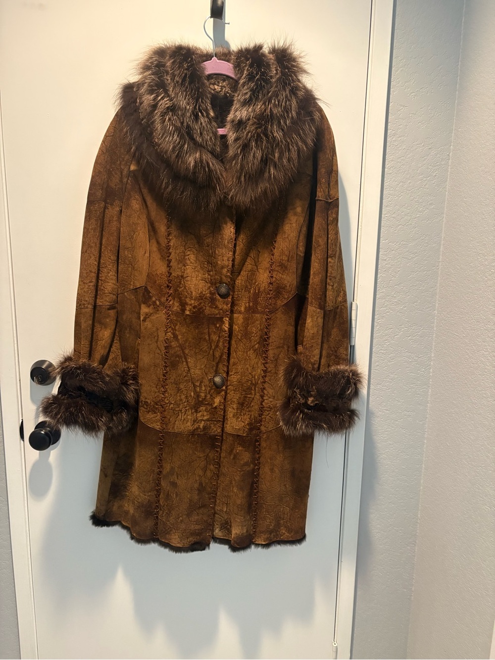 Women's Brown Suede Trench Coat with Fur Trim